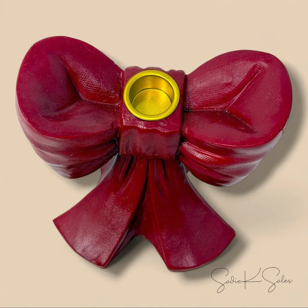 Red Resin Bow‎ Christmas Taper Candle Holder, 4.25